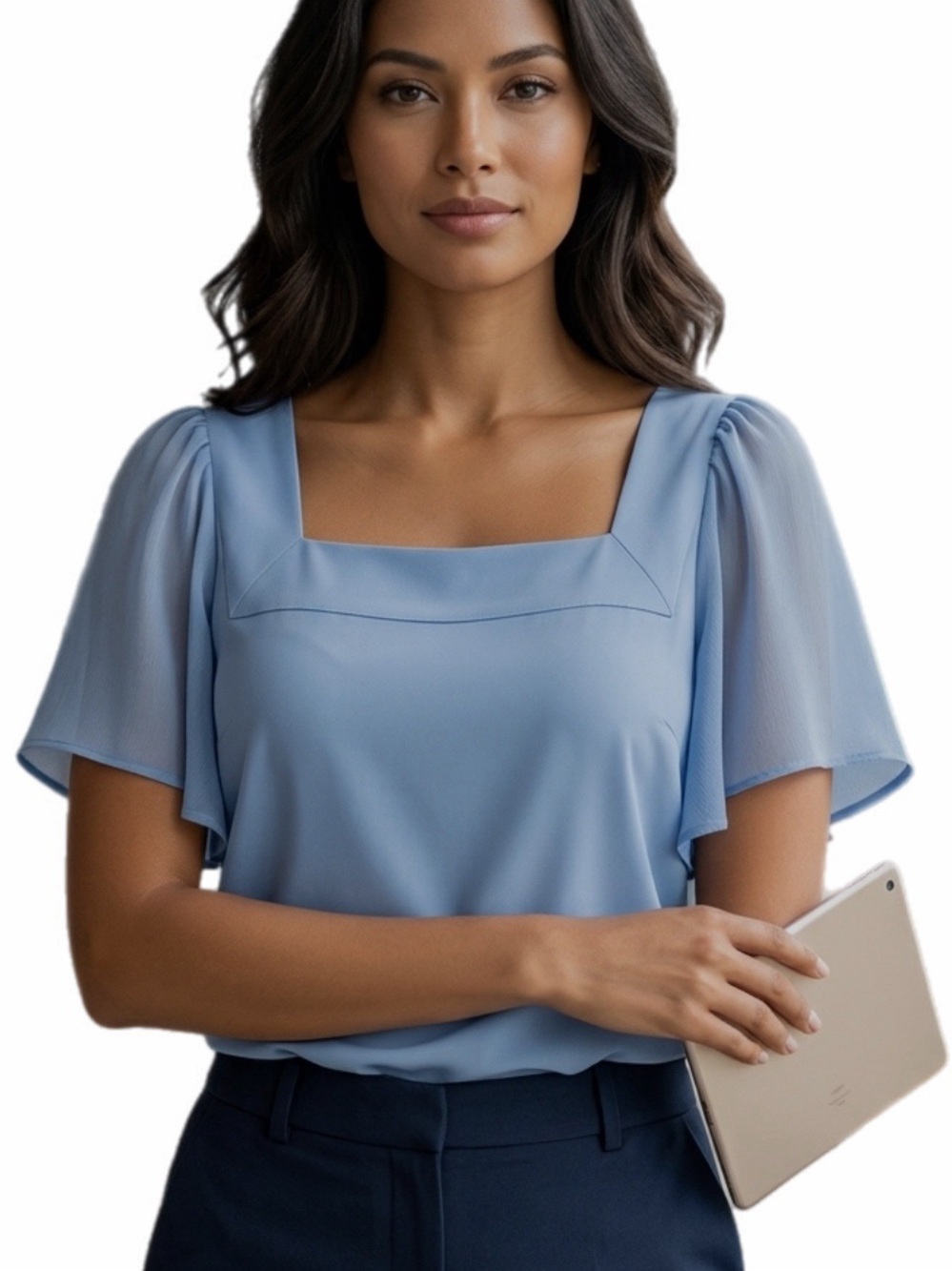 CALVIN KLEIN Dusty/Slate Blue Square Neckline Sheer Flutter Sleeve Blouse Large